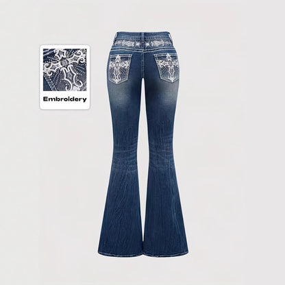 Women's dark wash pocket embroidered rhinestone fitted flared jeans