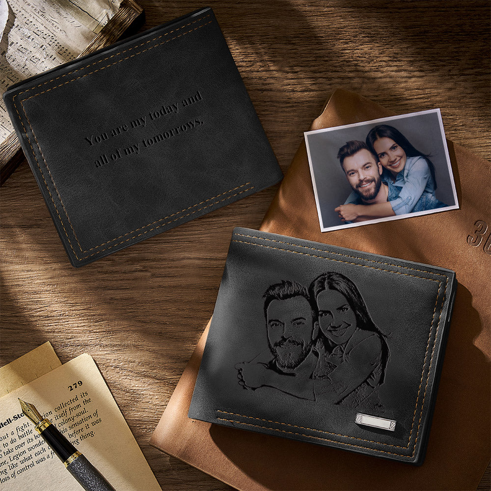 Personalized black photo frame wallet engraved with a couple's image, a unique memorial gift.