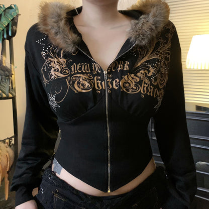 Dark Diamond Letter Print Fuzzy Collar Irregular Sweatshirt Casual Top
