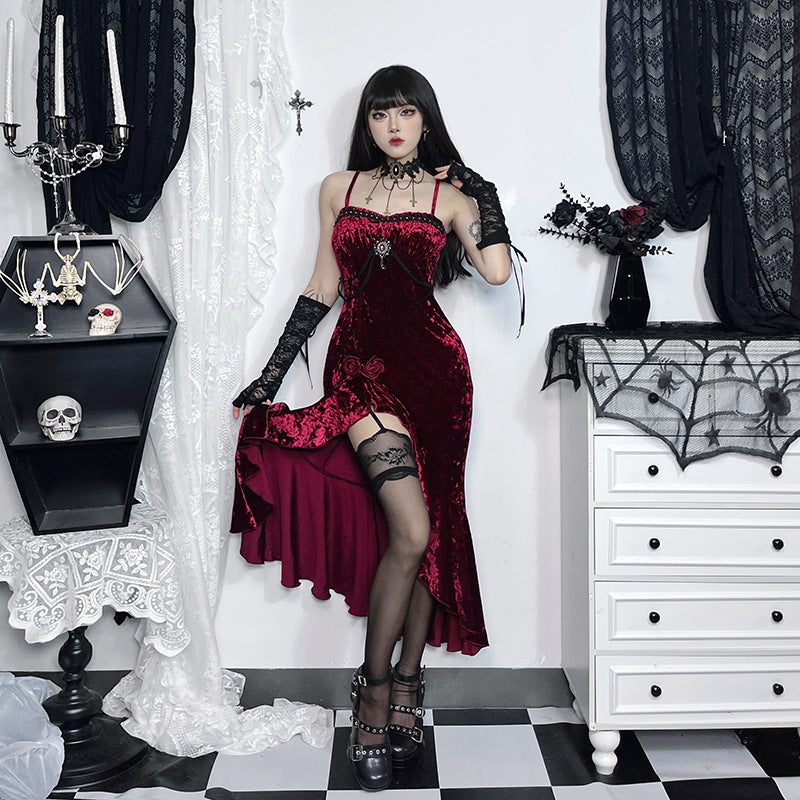 Sexy Long Dress with Ruffled Lace, Dark Gothic Style for Women