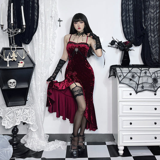 Sexy Long Dress with Ruffled Lace, Dark Gothic Style for Women