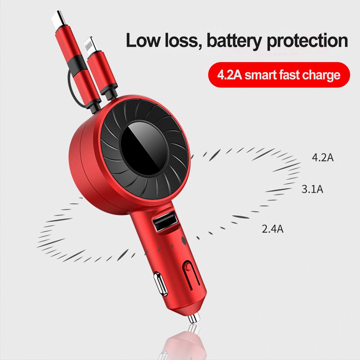 3-in-1 Fast Charging Car Charger for iOS, Android & Type-C - 4.2A Retractable Cable for Trucks and SUVs