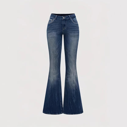 Women's dark wash pocket embroidered rhinestone fitted flared jeans