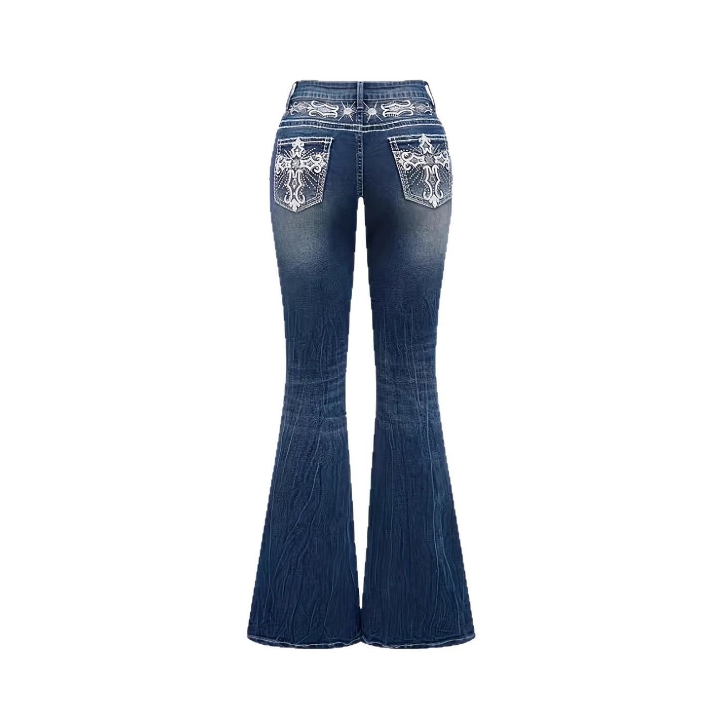 Women's dark wash pocket embroidered rhinestone fitted flared jeans