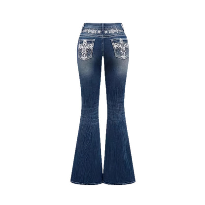 Women's dark wash pocket embroidered rhinestone fitted flared jeans