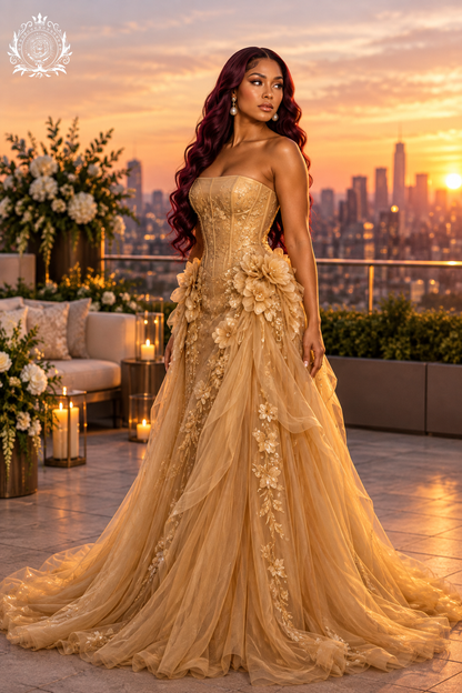 Women's Floral Tulle Gown | Strapless Bodice & Dimensional Flower Details | Prom & Formal Events