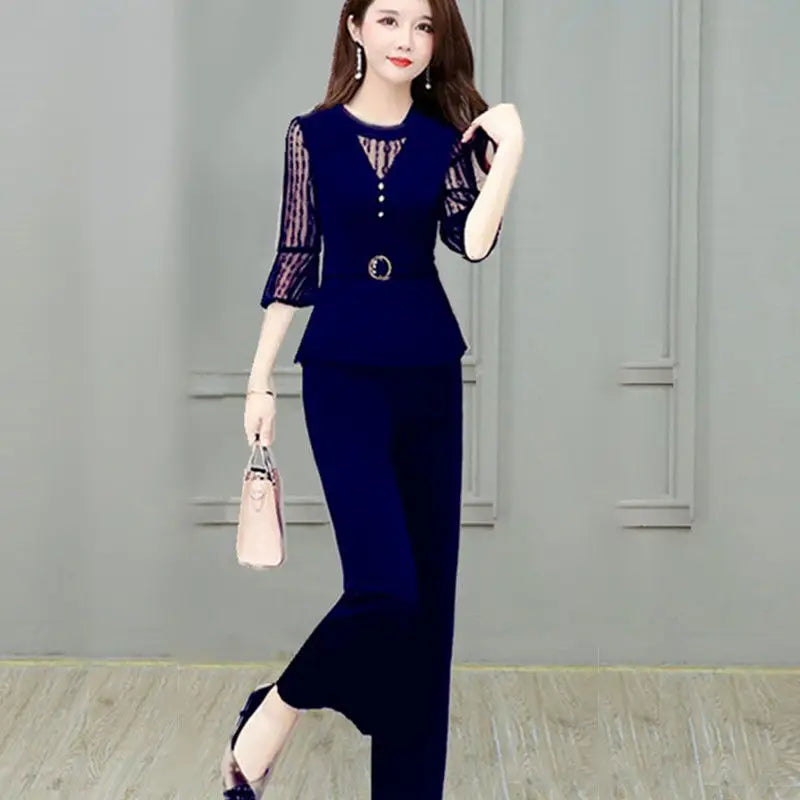 5XL Women Pants 2-Piece Set 2024 Female Summer Set Lady Slim Tops+ Wide leg Pants Two-Piece Suit Short Sleeve Suit C725