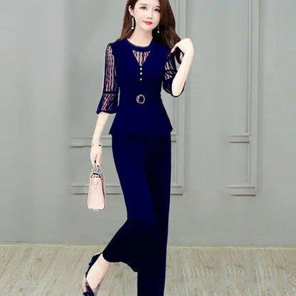 5XL Women Pants 2-Piece Set 2024 Female Summer Set Lady Slim Tops+ Wide leg Pants Two-Piece Suit Short Sleeve Suit C725