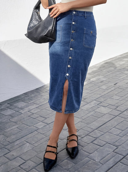 Plus Size Women's Casual Summer/Winter Blue Denim High Waist Short Skirts Sexy Single Breasted Button Knee-Length Fashion