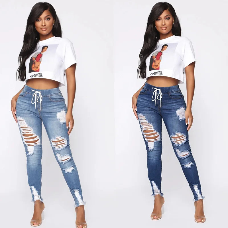 Fashion High Waisted Boyfriend Jeans for Women Lace up Slim Casual Hole Pencil Pants Sexy Autumn Denim Trousers Streetwear