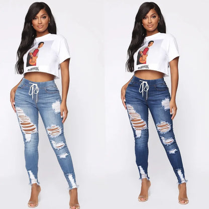 Fashion High Waisted Boyfriend Jeans for Women Lace up Slim Casual Hole Pencil Pants Sexy Autumn Denim Trousers Streetwear