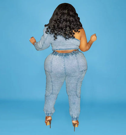 Trending Products 2022 New Arrivals Fashion Casual Washed Plus Size Jean for Woman Jean Two Piece Set