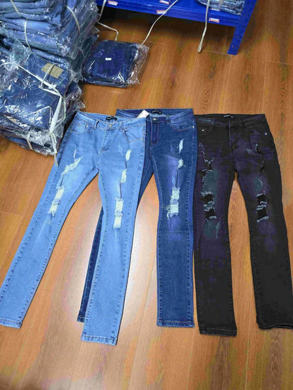 Wholesale large-sized men's jeans with zipper pockets, fashionable and tattered blue and black jeans, men's washed craft jeans