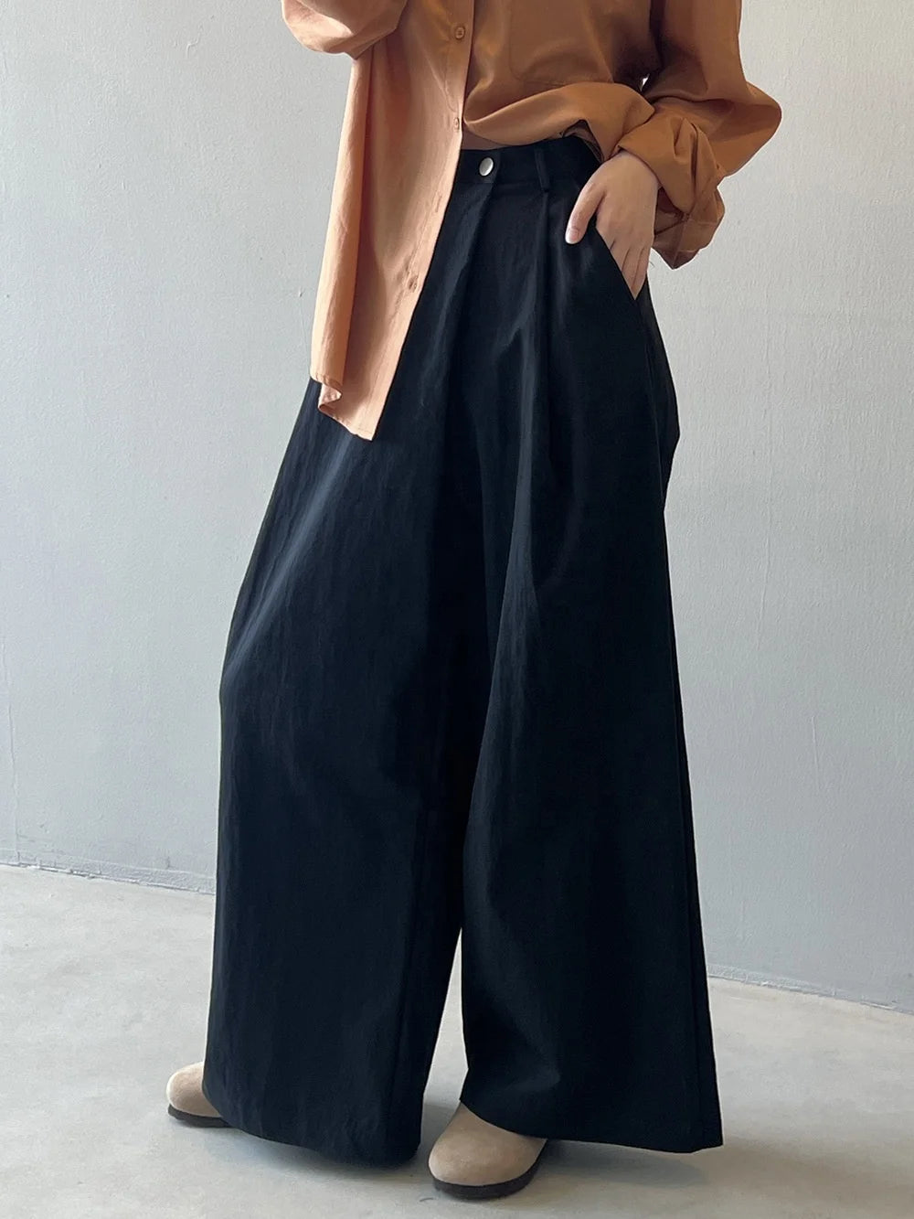 Asymmetric Diagonal Placket Wide Leg Pants for Women's Spring Casual High Waisted Straight Leg Pants