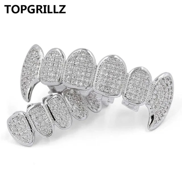 TOPGRILLZ New Fit Silver Plated CZ Micro Pave Top & Bottom GRILL SET Rhodium Teeth Grills Vampire Tooth Grillz