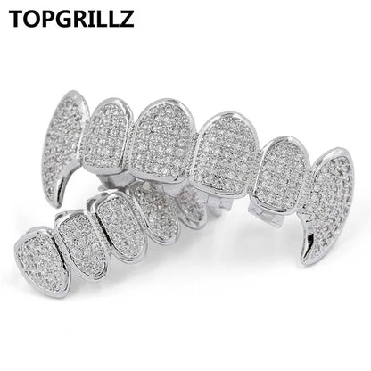 TOPGRILLZ New Fit Silver Plated CZ Micro Pave Top & Bottom GRILL SET Rhodium Teeth Grills Vampire Tooth Grillz