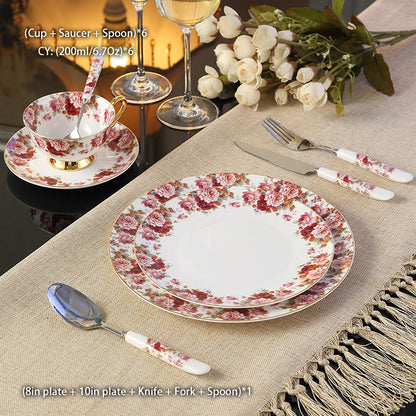 Europe Pastoral Bone China Tableware Set with Fork Knife Dishes Plates British Royal Advanced Porcelain Meal Cutlery Dinnerware