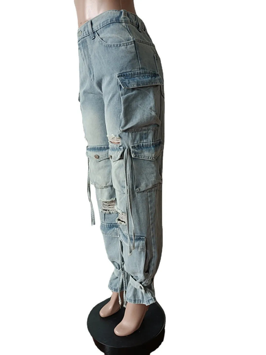 2023 Summer New Multi-Pocket Denim Cargo Pants Ladies Jean Pants Baggy Ripped Wide Leg Jeans Blue Woman Washed Cargo Trousers