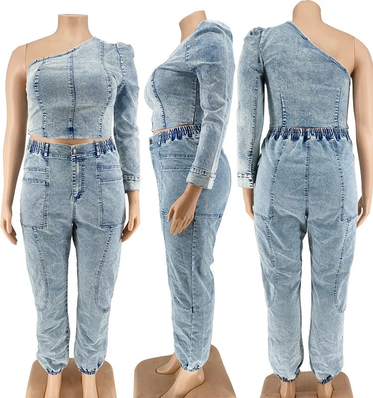 Trending Products 2022 New Arrivals Fashion Casual Washed Plus Size Jean for Woman Jean Two Piece Set