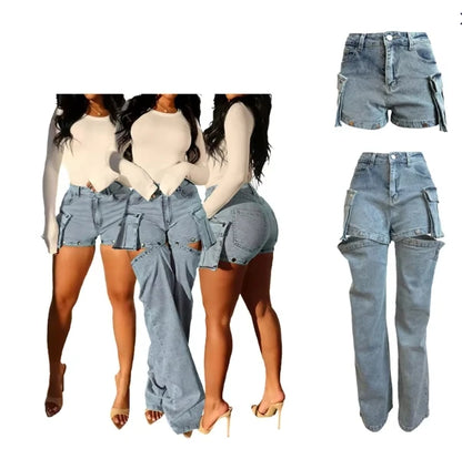 2025 New Design Women's Casual Cotton Stretch Washed Jeans Removable Denim Y2K Pants Multi-Pocket Shorts Trendy Trouser Legs