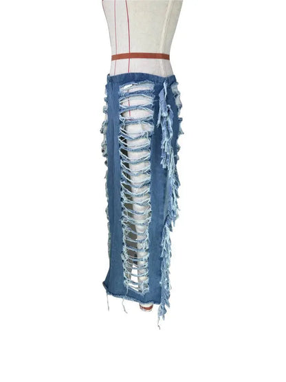 Sexy Hot Streetwear Fashion Ladies Skirts Casual Washed Jean Denim Long Maxi Ripped Tassel Skirt Women'S Skirts