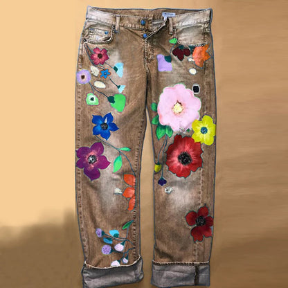 Cute Flower Printed Jeans Women Loose Jeans New Style Direct Jean Hot Fashion Ladies Printed Thin Denim Spring Summer Breathe