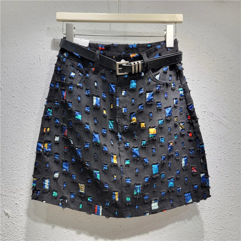 Slim A-line New Burnout Worn Personality Color Block Women's Denim Short Skirt   Fashion
