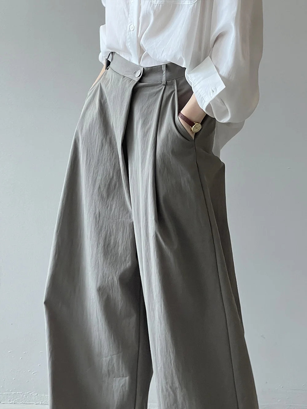 Asymmetric Diagonal Placket Wide Leg Pants for Women's Spring Casual High Waisted Straight Leg Pants