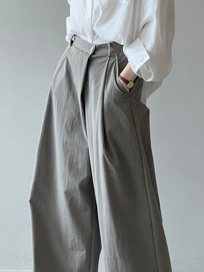 Asymmetric Diagonal Placket Wide Leg Pants for Women's Spring Casual High Waisted Straight Leg Pants