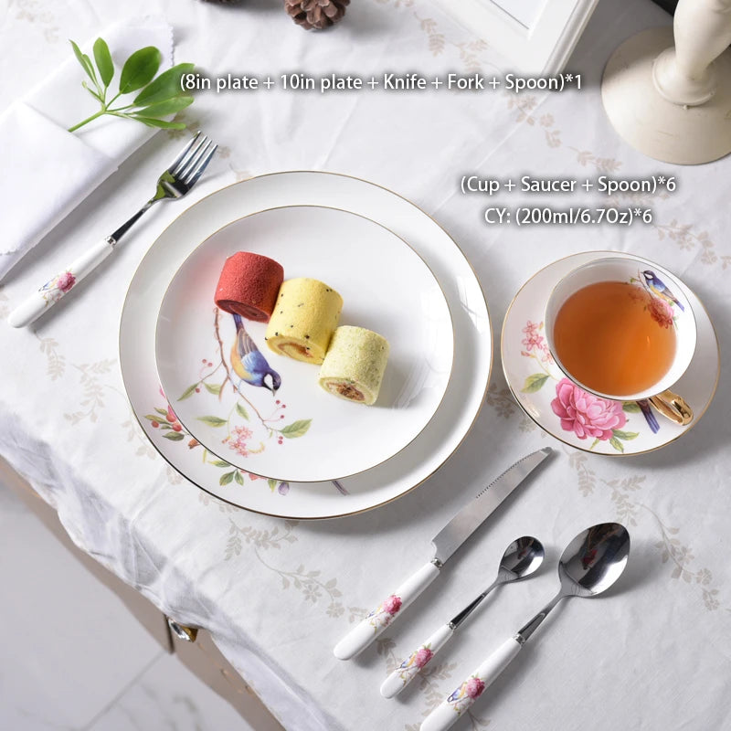 Europe Pastoral Bone China Tableware Set with Fork Knife Dishes Plates British Royal Advanced Porcelain Meal Cutlery Dinnerware