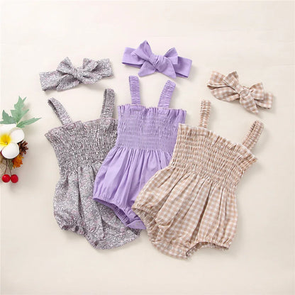 Infant Baby Girls 2Pcs Summer Outfits, Sleeveless Frill Smocked Strap Romper with Headband Set