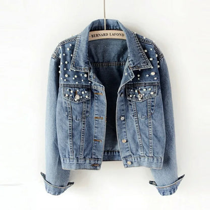 New New Fall Women Pearl Beading Crop Denim Jackets Women Casual Jeans Long Sleeve Denim Plus Size Coat