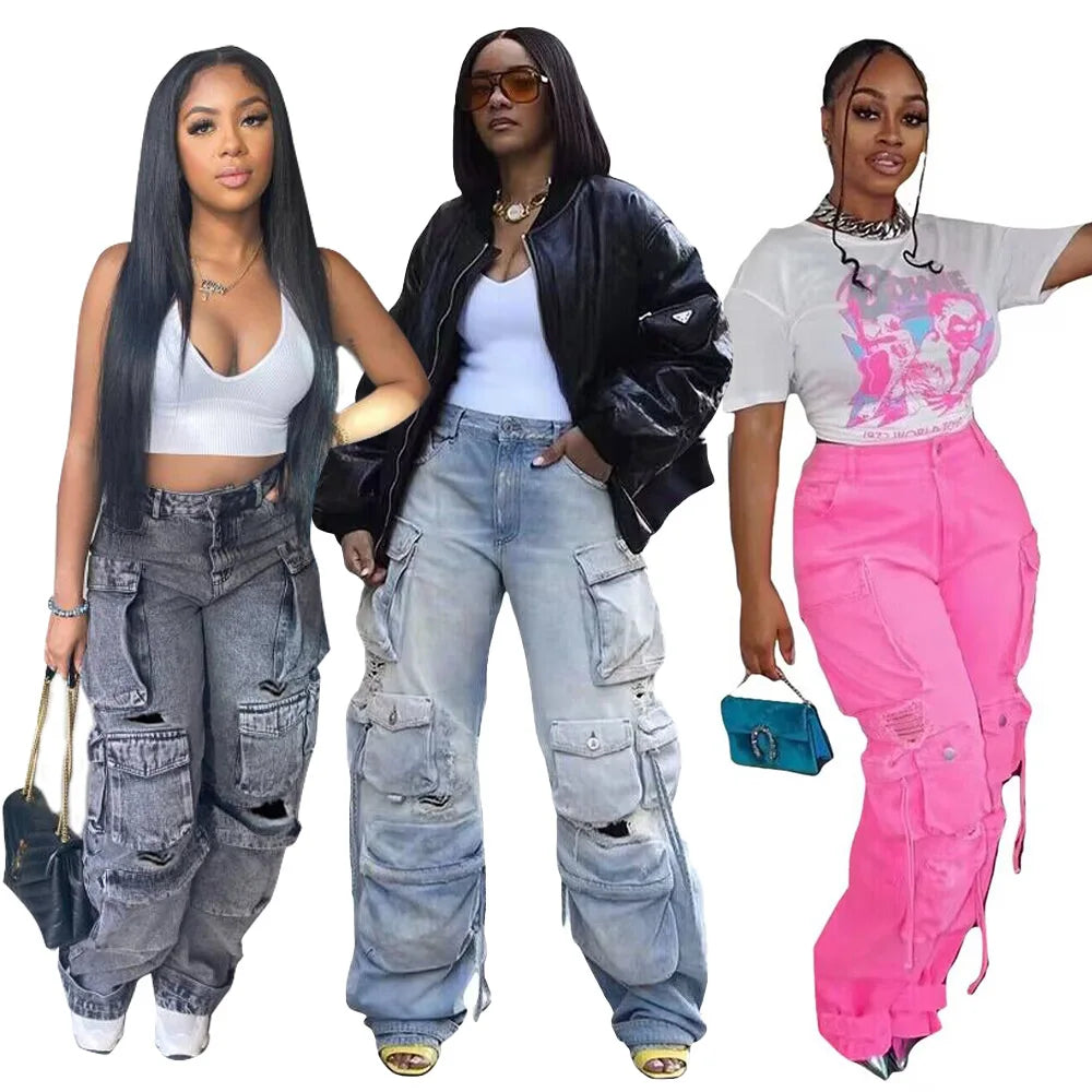 2023 Summer New Multi-Pocket Denim Cargo Pants Ladies Jean Pants Baggy Ripped Wide Leg Jeans Blue Woman Washed Cargo Trousers