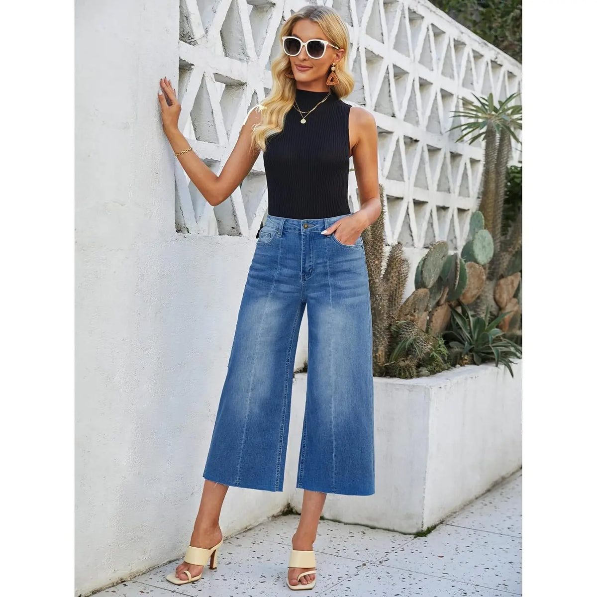 2025 Trendy High Waisted Women's Wide Leg Capris for Raw Hem Stretchy Denim Cropped Pants Jeans for Raw Hem Stretchy