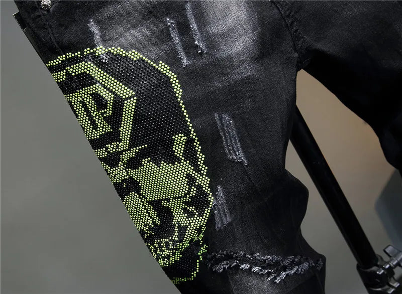 2021 Streetwear Clothing Patterned Men Super Skinny Black Jeans with Painting,Hot Drilling Slim Pants Skinny Jeans for Men