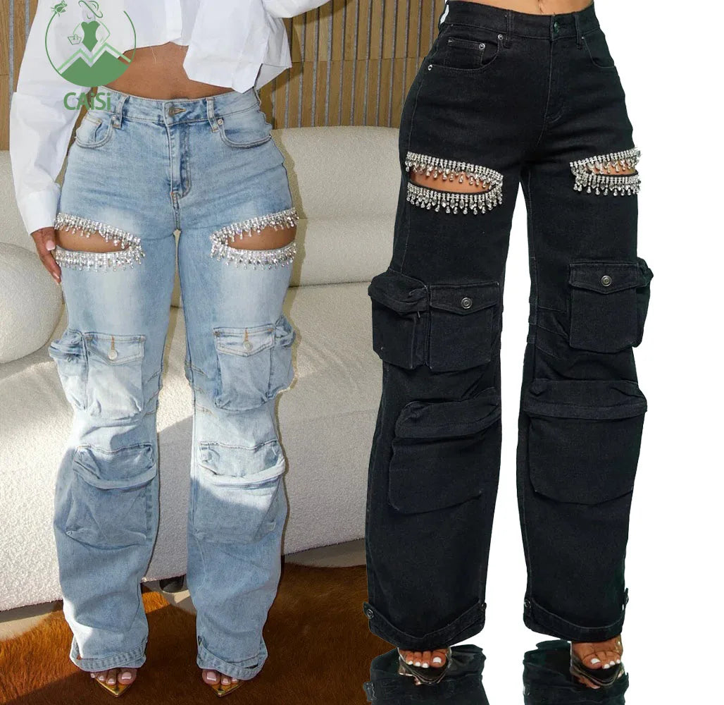 New Arrival Womens Cargo Denim Pants Fashion Mid-rise Jeans Straight Baggy Multi-pocket Hollow Out Rhinestones Trousers