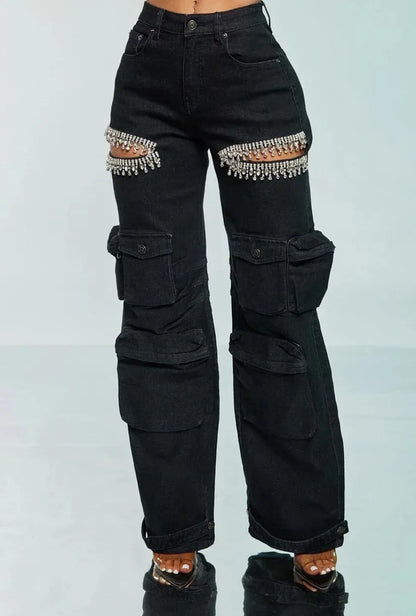 New Arrival Womens Cargo Denim Pants Fashion Mid-rise Jeans Straight Baggy Multi-pocket Hollow Out Rhinestones Trousers
