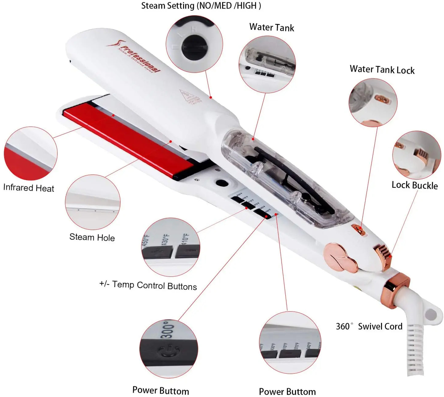 RUCHA Infrared Steam Hair Straightener 2 Inches Wide Plate Hair Salon Steampod Ironing Styler Ceramic Tourmaline Flat Iron