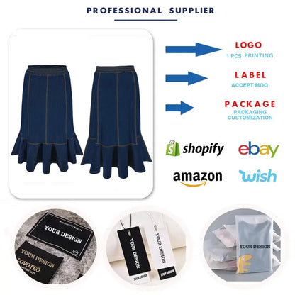 Latest Design Plus Size Women Jean Skirt Elastic Waistband Ruffle Long Denim for
