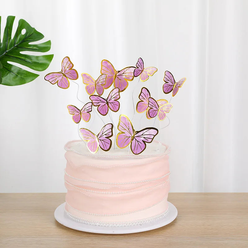 Cake Decoration Bronzing Butterfly Insert 11pcs/Set Paper Pink Purple Butterfly Baking Dessert Table Dress Up Birthday Decor