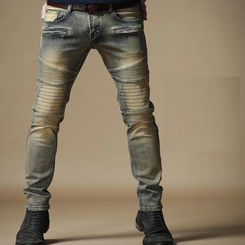 Top Fashion Slim Fit Men's Distressed Denim Bikers Jeans Pants Mid-Waist Pencil Style with Fast Delivery