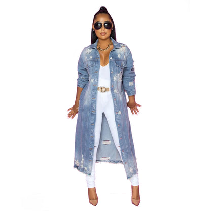 Fashion Women's Distressed Long Sleeve Denim Windbreaker Jacket Cardigan Denim Long Coat
