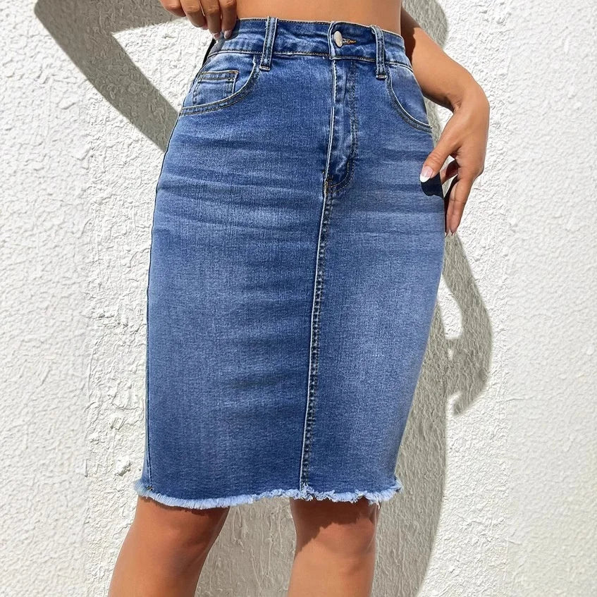 YUNBOFEI Women High Waist Fringe Hem Denim Skirt Light Blue Distressed Frayed Edge Casual Street Style