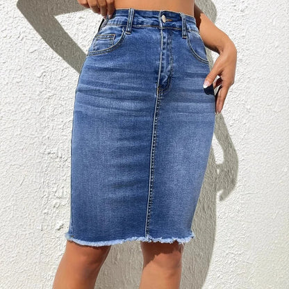 YUNBOFEI Women High Waist Fringe Hem Denim Skirt Light Blue Distressed Frayed Edge Casual Street Style