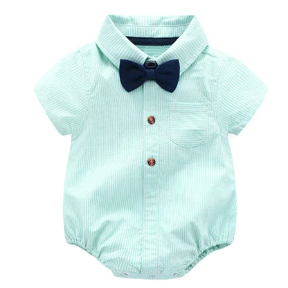 Newborn Boys Bodysuit with Bow Tie Cotton Baby Romper Soft Cartoon Animal Print Formal Short Sleeve Children Top Costume