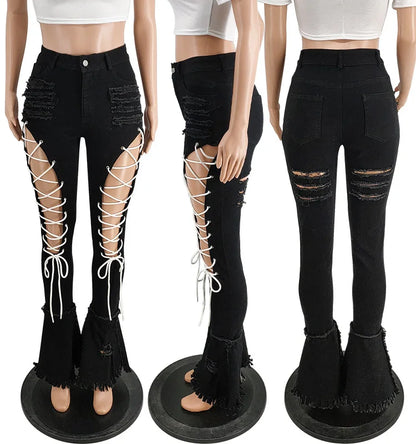 Trending Products 2022 New Arrivals FashionSlim Ripped Eyelet String Sexy Plus Size Jean for Woman
