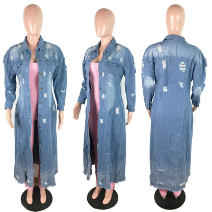 Fashion Women's Distressed Long Sleeve Denim Windbreaker Jacket Cardigan Denim Long Coat