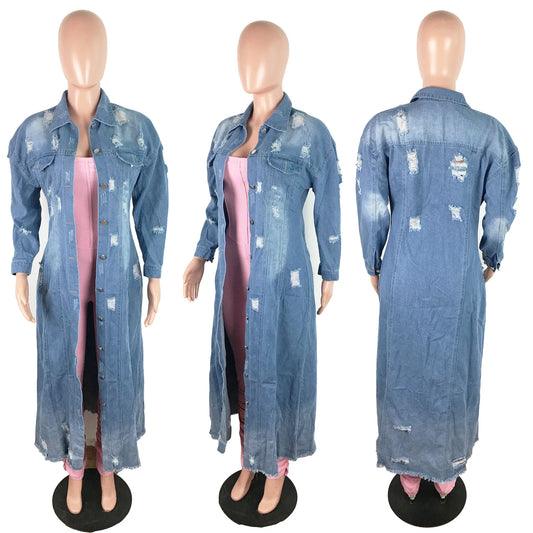 Fashion Women's Distressed Long Sleeve Denim Windbreaker Jacket Cardigan Denim Long Coat