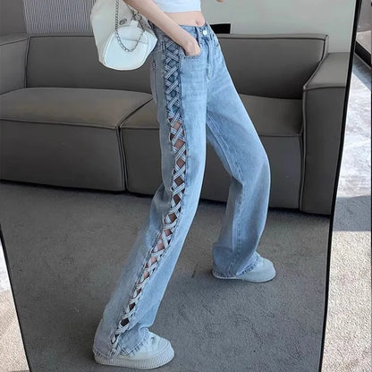 Hot Sale Plus Size Casual Flare Pants Mid Waist Distressed Bell Bottom Denim Jeans Breathable and Washed Techniques