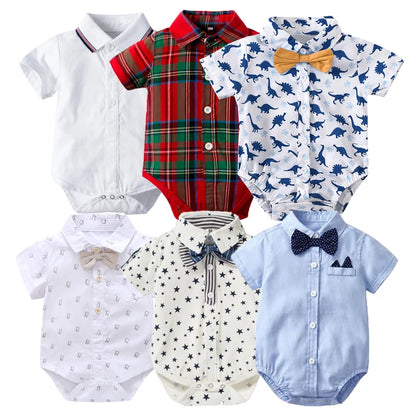 Newborn Boys Bodysuit with Bow Tie Cotton Baby Romper Soft Cartoon Animal Print Formal Short Sleeve Children Top Costume